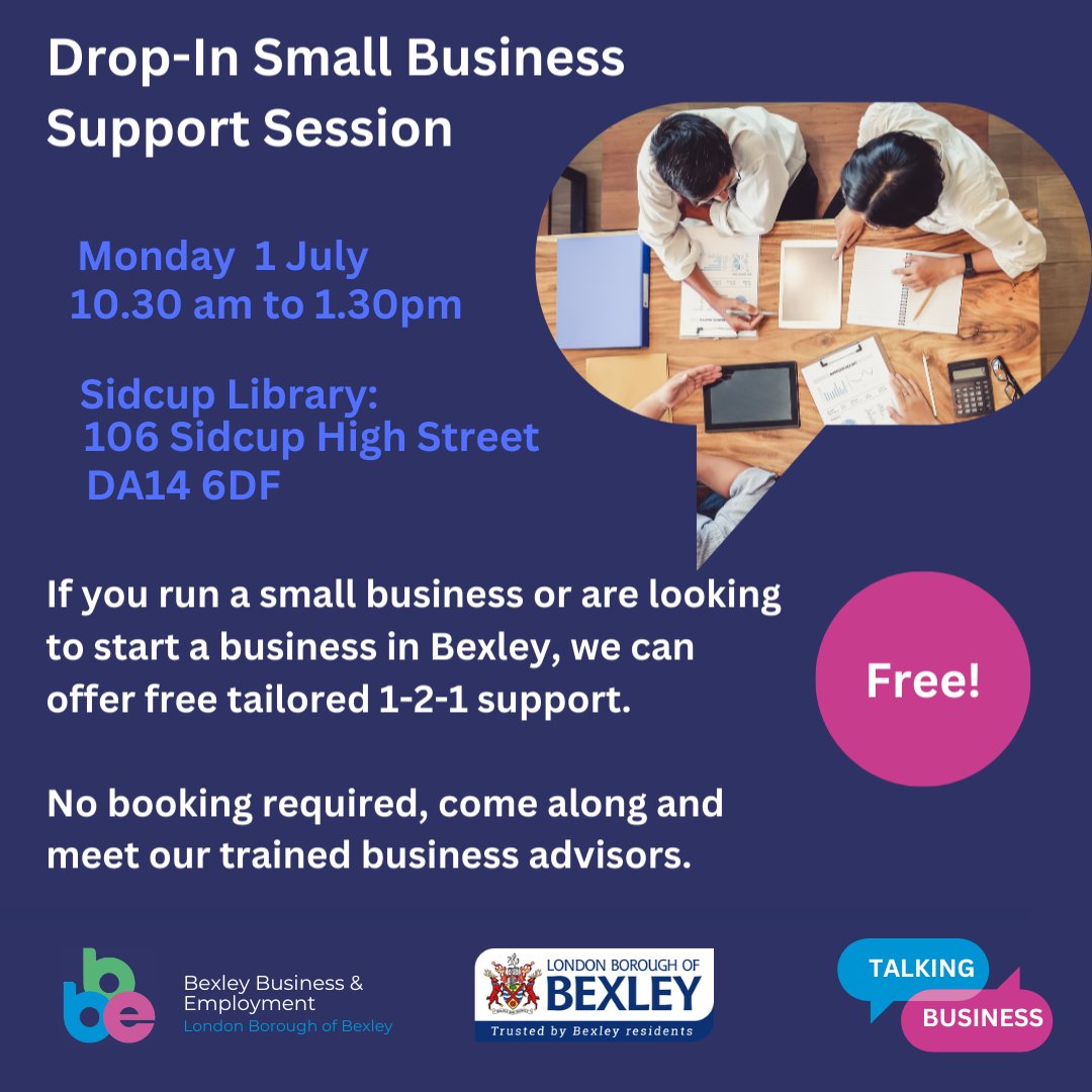 Own a small business or looking to start a small business in Bexley? 

Come along to BBE’s FREE Business Support Drop-In session to find out more about the Council’s Talking Business support service and training grant scheme!