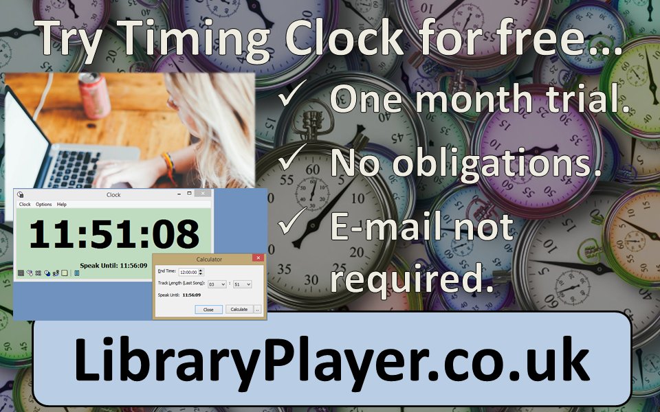 Download and try Timing Clock for free - there's no obligations, no catches, and you don't even need to provide an e-mail address...

libraryplayer.co.uk/2021/05/timing…

#communityradio #hospitalradio #studentradio