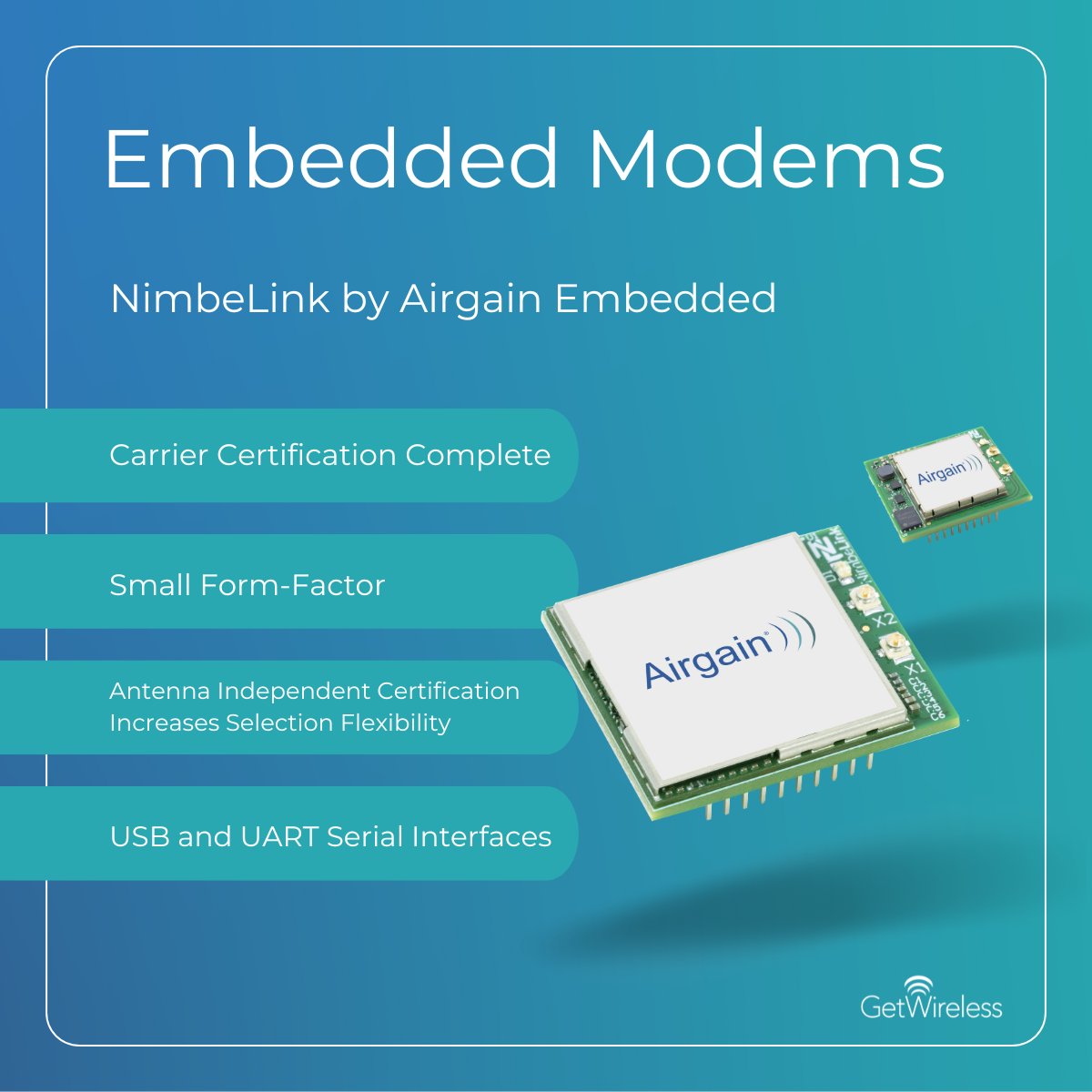 GetWirelessLLC's tweet image. Boost your projects with Embedded Modems by @Airgain!
✅ Carrier Certification Complete 
✅ Small Form Factor 
✅ Antenna Independent Certification 
✅ USB &amp;amp; UART Serial Interfaces
Choose Airgain for unmatched performance &amp;amp; flexibility. getwirelessllc.com/airgain-embedd…
#EmbeddedModems