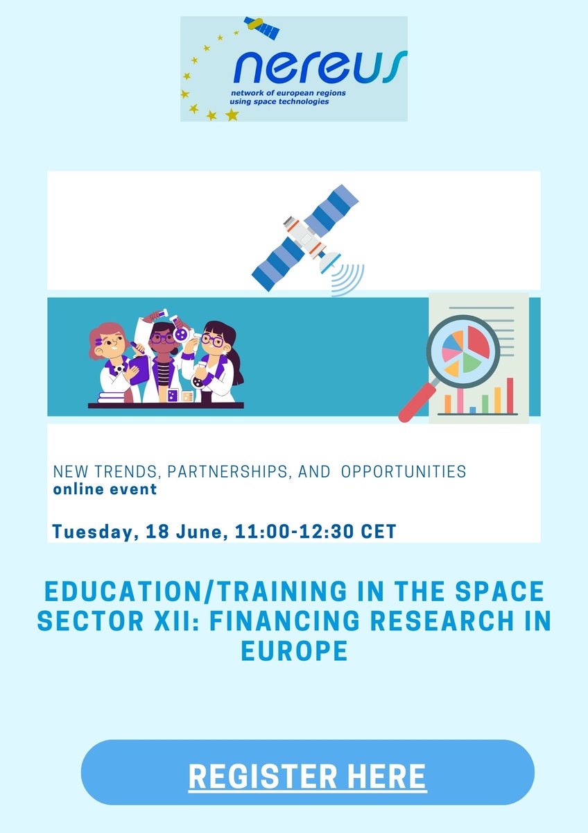 NEREUSaisbl's tweet image. 🌌🚀 Join us on 18 June 2024, 11:00-12:30 for NEREUS's 12th infosession on space education/training! Discover how financial support can advance research &amp;amp; nurture future space scientists &amp;amp; entrepreneurs. 🌠✨ #SpaceEducation #NEREUS2024
nereus-regions.eu/2024/05/17/18-…
