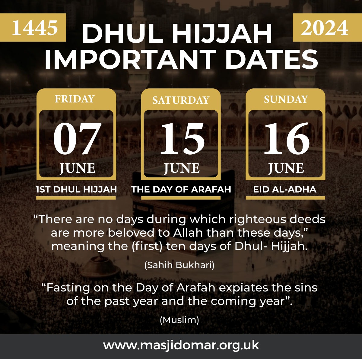 Dhul Hijjah Important Dates.
masjidomar.org.uk ##masjidomar #huddersfield #DhulHijjah
