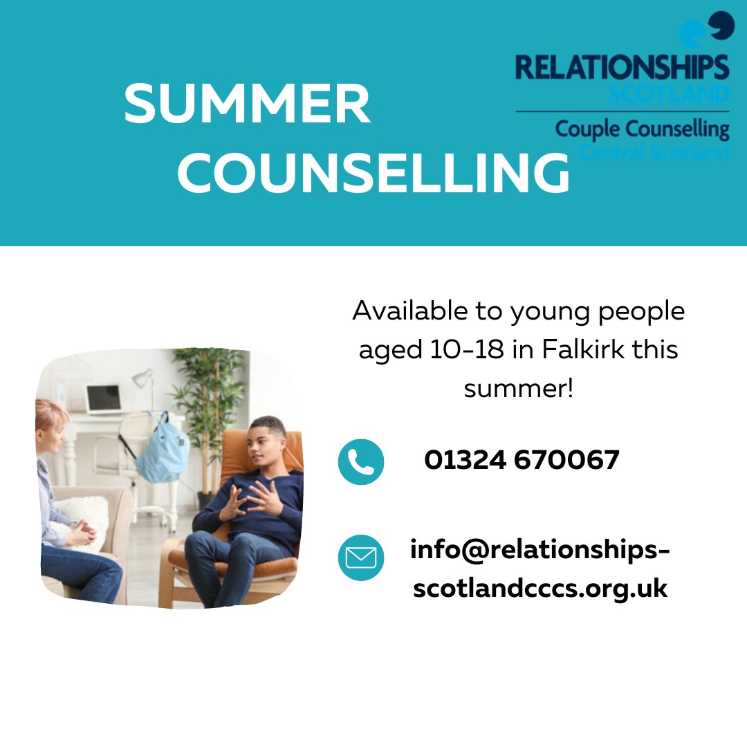 Summer Counselling sessions are running again this summer for young people aged 10-18! 

🗓️ 1st July - 9th August
🕘 Mondays &amp; Thursdays from 9:30am

Get in touch with Relationships Scotland if you are interested 👇👇

#FalkirkCMHWB