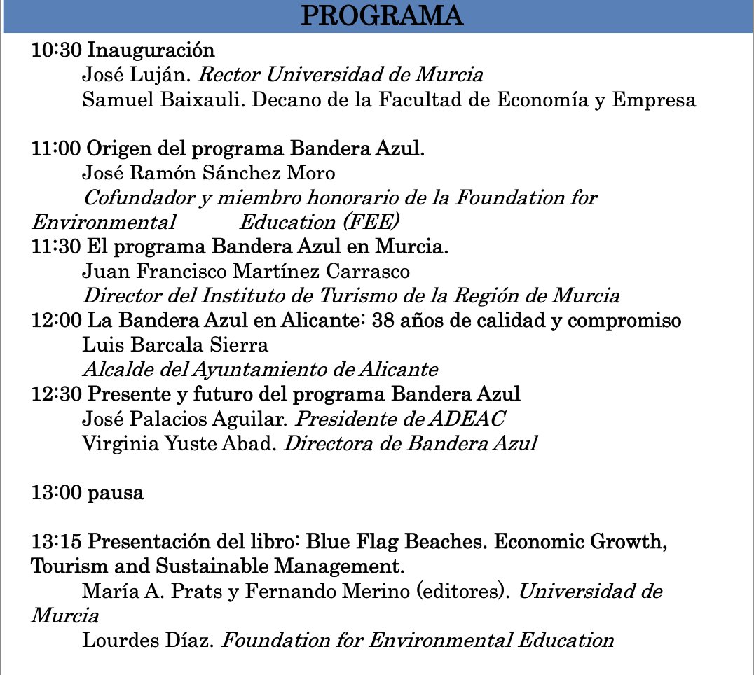 🗓️ El próximo lunes se presenta en la Universidad de "Murcia el libro Blue Flag Beaches. Economic Growth, Tourism and Sustainable Management" en el marco de una jornada sobre el programa internacional Bandera Azul 🔵 

#banderaazul #blueflag #adeac #feeglobal