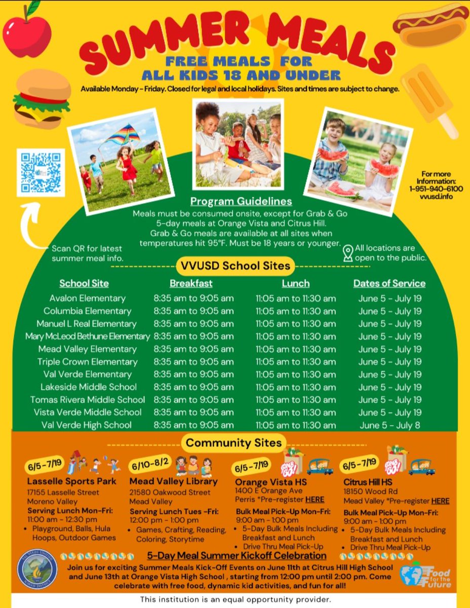 🌟 Free Meals for Kids! 🌟
We're offering free meals for kids and teens aged 1-18 at Lasselle Sports Park! 🍽️

🗓️ Dates: June 5 - July 19
📅 Days: Mon-Fri
⏰ Time: 11 AM - 12:30 PM

Bring your kids for a nutritious meal and some fun games! See you there! 🎉