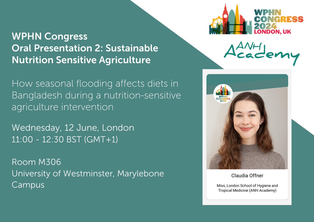 Agriculture, Nutrition & Health Academy (@anh_academy) on Twitter photo 🔹Presentation: Sustainable nutrition-sensitive agriculture
How seasonal flooding affects diets in Bangladesh during a nutrition-sensitive agriculture intervention
#wphncongress2024
🗓️ WEDNESDAY, 12 JUNE
🕚11:00-12:30
🏢 M306
🎙️<a href="/ClaudiaOffner/">Claudia Offner</a>
🔗web-eur.cvent.com/event/6be91456… 🔹Presentation: Sustainable nutrition-sensitive agriculture
How seasonal flooding affects diets in Bangladesh during a nutrition-sensitive agriculture intervention
#wphncongress2024
🗓️ WEDNESDAY, 12 JUNE
🕚11:00-12:30
🏢 M306
🎙️<a href="/ClaudiaOffner/">Claudia Offner</a>
🔗web-eur.cvent.com/event/6be91456…