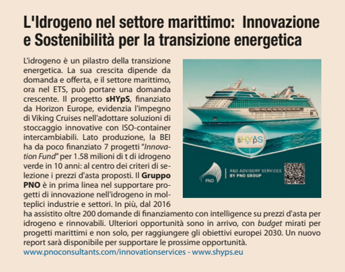 .<a href="/ShypsP/">sHYpS Project</a> is leading the way in #decarbonizing the #shipping industry by pioneering #hydrogen supply chain development and tackling crucial safety needs.

Read all about it in the latest article by <a href="/PNO_IT/">PNO Innovation Italy</a> on Il Sole 24 Ore 🔗 lnkd.in/esf5_M7W