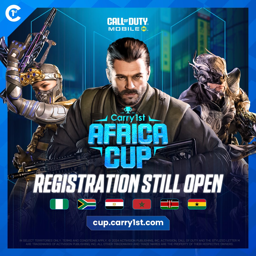 🚨Registrations are still LIVE and the sign ups are growing fast🚨 

Don't forget to make a team and sign up now for the Carry1st Africa Cup➡️bit.ly/carry1stafrica…

🏆Carry1st Africa Cup
💰Prize Pool - $15,000
📱Call of Duty: Mobile

Egypt🇪🇬 Ghana🇬🇭 Kenya🇰🇪 Morocco🇲🇦 Nigeria🇳🇬
