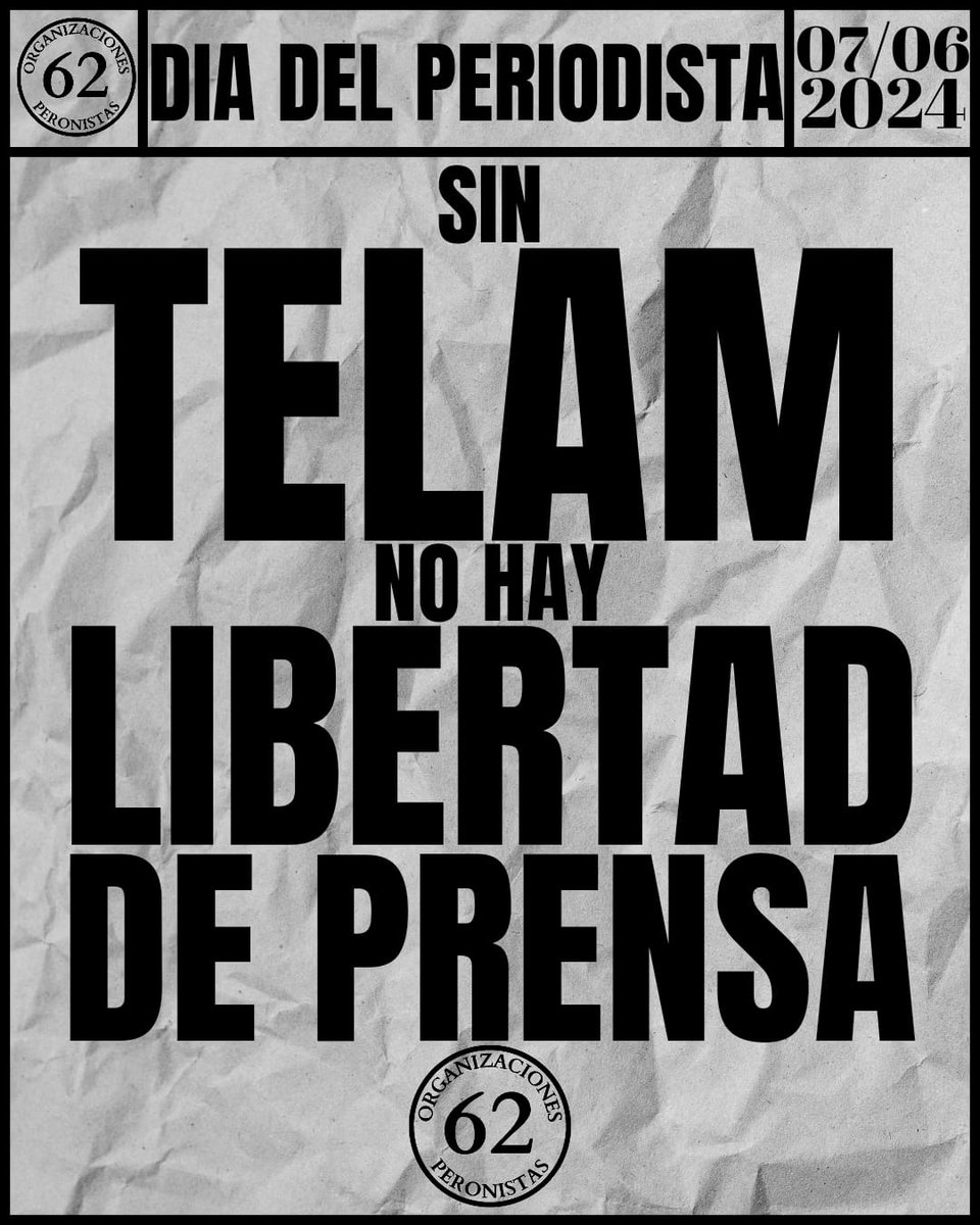 🗓07/06 - Dia del PERIODISTA

🖍En este #DiaDelPeriodista Saludamos a todos los y las colegas de prensa, en especial a las y los Compañeros de #TELAM que siguen resistiendo el vaciamiento y la censura llevada adelante por el Gobierno Nacional.

Sin #TELAM no hay #LibertadDePrensa