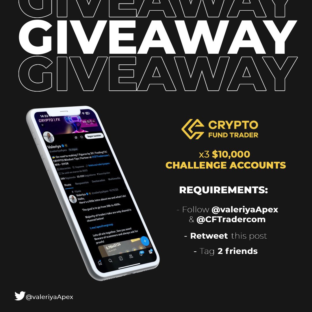 ValeriyBreakout's tweet image. 🎁 Giveaway Announcement 🎁
3x 10,000$ Challenge Accounts
To win 👇
- Follow @valeriyaApex & @CFTradercom
- Retweet this post.
- Tag 2 friends
- Retweet pinned message.
3 winners will be announced Wednesday . #giveaway #GiveawayAlert