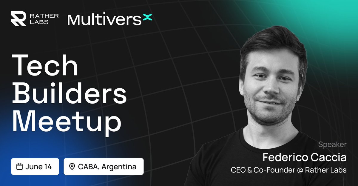 rather_labs's tweet photo. To start off #TechBuildersMeetup, we are thrilled to present our opening speaker: Federico Caccia, CEO at @rather_labs.
'Event Opening'
Federico will introduce Rather Labs and delve into the challenges blockchain companies encounter. Discover the groundbreaking projects that are shaping the future of the industry.
#RatherLabs #MultiversX #BlockchainTechnicalPartners