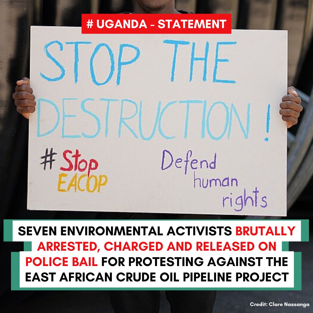 🚨 #Uganda

Front Line Defenders condemns the brutal arrest of 7 human rights defenders protesting the East African Crude Oil Pipeline Project. Ugandan authorities must ensure that HRDs can operate without fear of police harassment.

Full statement 🔗 zurl.co/v3Tp