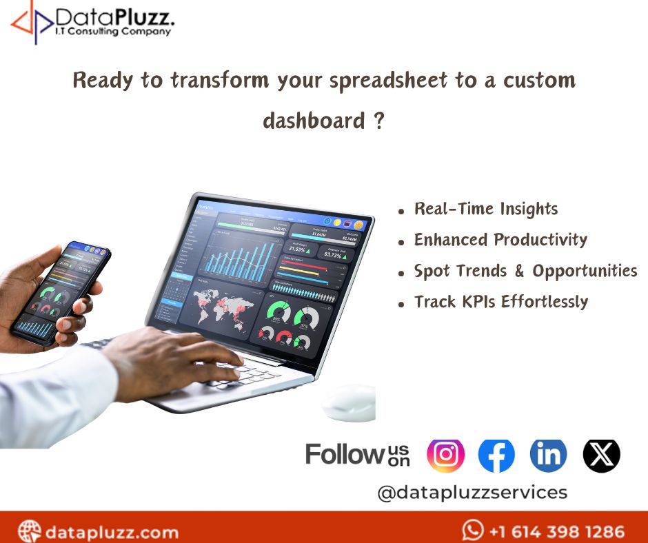 DataPluzzLLC's tweet image. 🎉 Happy Friday, Business Owners! 🎉
Imagine transforming those spreadsheets into a sleek, custom dashboard. 
Data visualization is indeed the way to go – unlocking insights, driving innovation, and shaping the future of business. 
#HappyFriday #DataTransformation #DashboardMagic