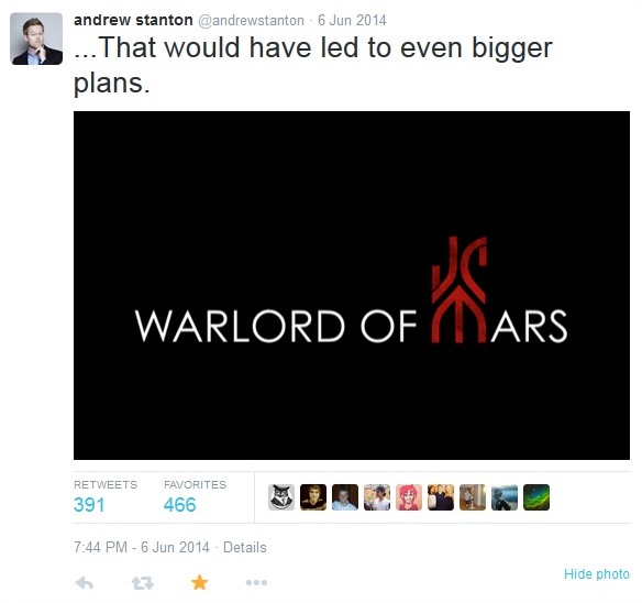 Andrew Stanton on #JohnCarter, ten years ago:
Could have been cool. Had big plans...
...That would have led to even bigger plans.