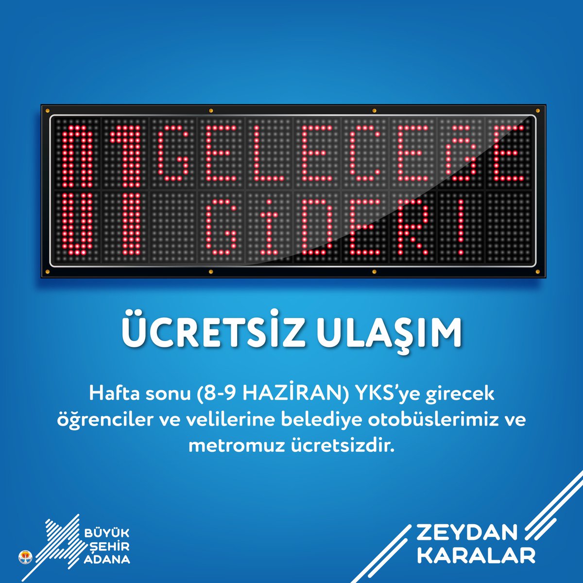 Bu hafta sonu (8-9 Haziran) YKS'ye girecek öğrencilerimiz ve velileri sınava giriş belgesini göstererek belediye otobüslerimizden ve metromuzdan ücretsiz faydalanabilirler.