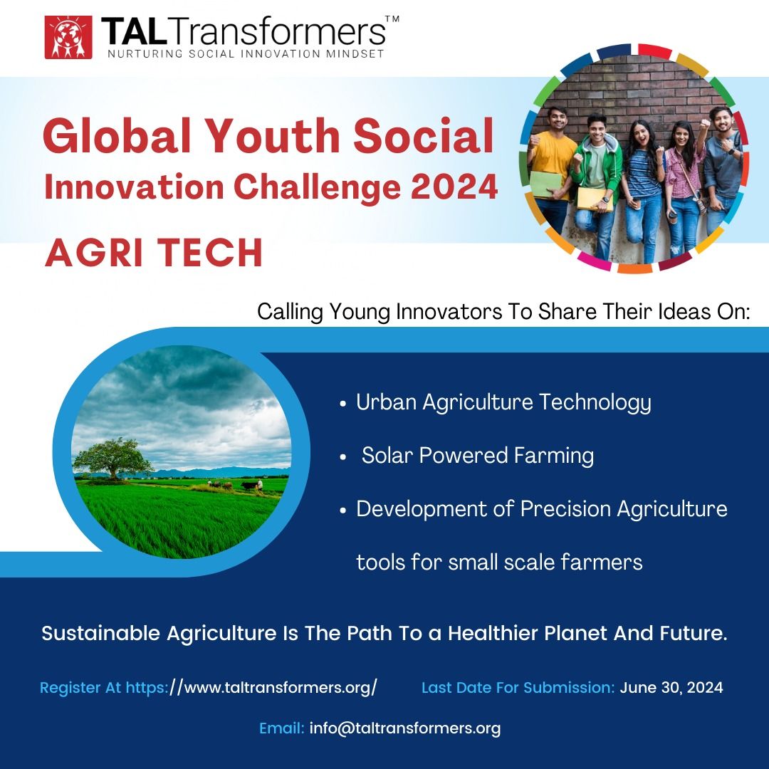 Transform Agriculture with Your Ideas!

Participate in the TALTransformers Global Youth Social Innovation Challenge 2024 on Agri-Tech &amp; Submit your ideas by June 30th, 2024.

Register at app.taltransformers.org/signup.

#touchalifefoundation #taltransformers
<a href="/VGundavelli/">Veena Gundavelli</a> <a href="/saigundavelli/">Sai Gundavelli</a>