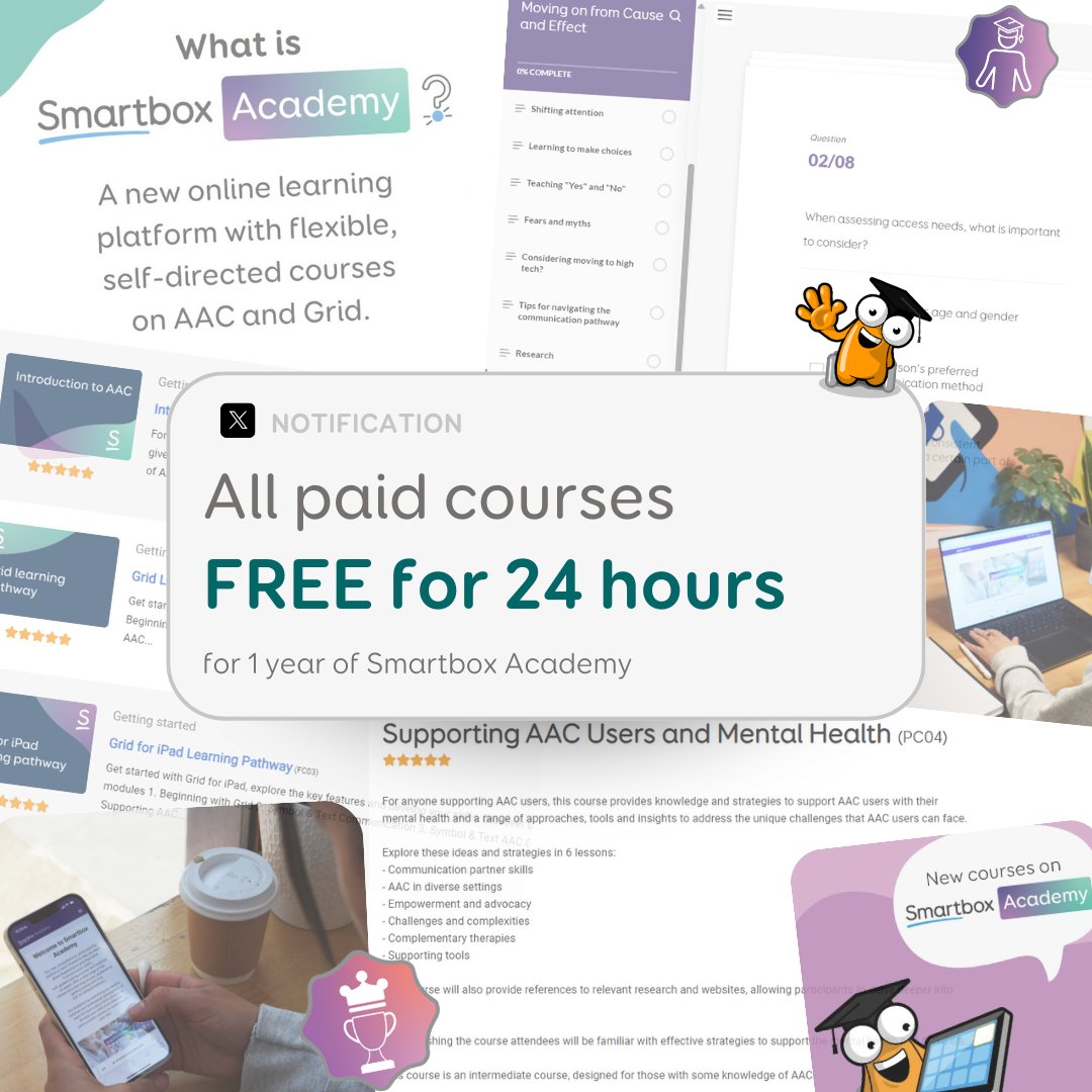 ThinkSmartbox's tweet image. FREE #AAC and #AssistiveTechnology courses!

To celebrate Smartbox Academy’s 1st birthday, we’re offering all our paid courses for FREE for 1 DAY ONLY🥳

But don’t rush! You can still complete them at your own pace after enrolling👉bit.ly/smartbox-acade…
