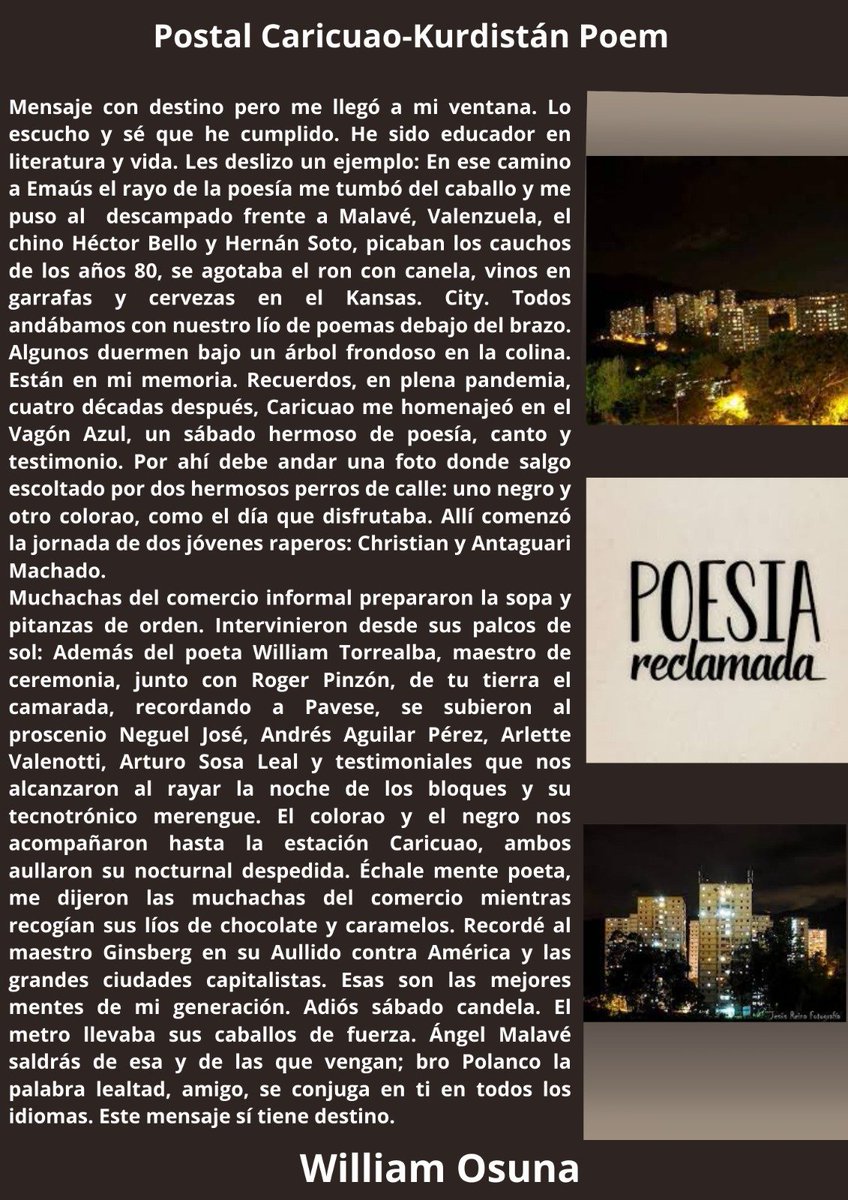 🗣️ La Casa Nacional de las Letras Andrés Bello comparte con ustedes Postal Caricuao-Kurdistán poem de William Osuna.

#postales 
#casadebello