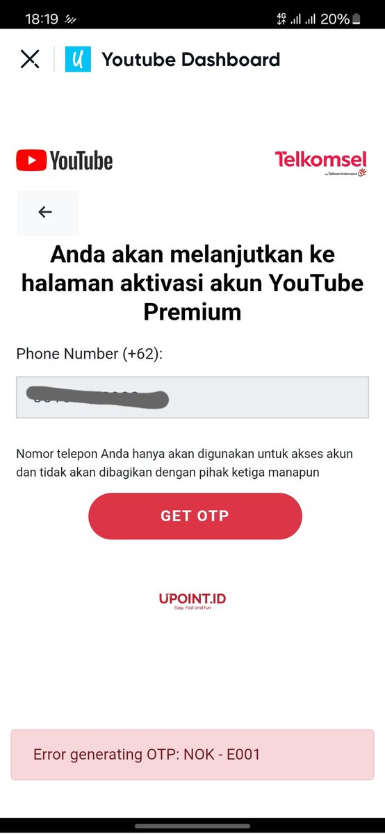 gamekyu91's tweet photo. @Telkomsel #YouTubePremiumTurunHarga tapi mau aktivasi akun Youtube Premium nya tidak bisa, error terus pengiriman OTP nya dari kemarin malam, sampe skarang. Saya belinya dari aplikasi by.U, tapi layanannya dari Telkomsel. https://t.co/hXrmKJXkB8