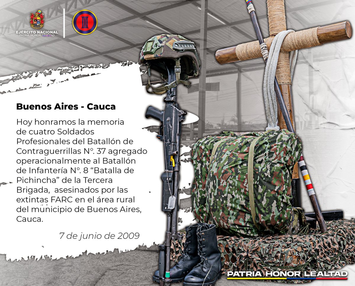 Ejercito_Div3's tweet photo. Honramos la memoria de nuestros cuatro Soldados Profesionales asesinados un día como hoy en el área rural del municipio de Buenos Aires, #Cauca. https://t.co/OV6089Ze0I