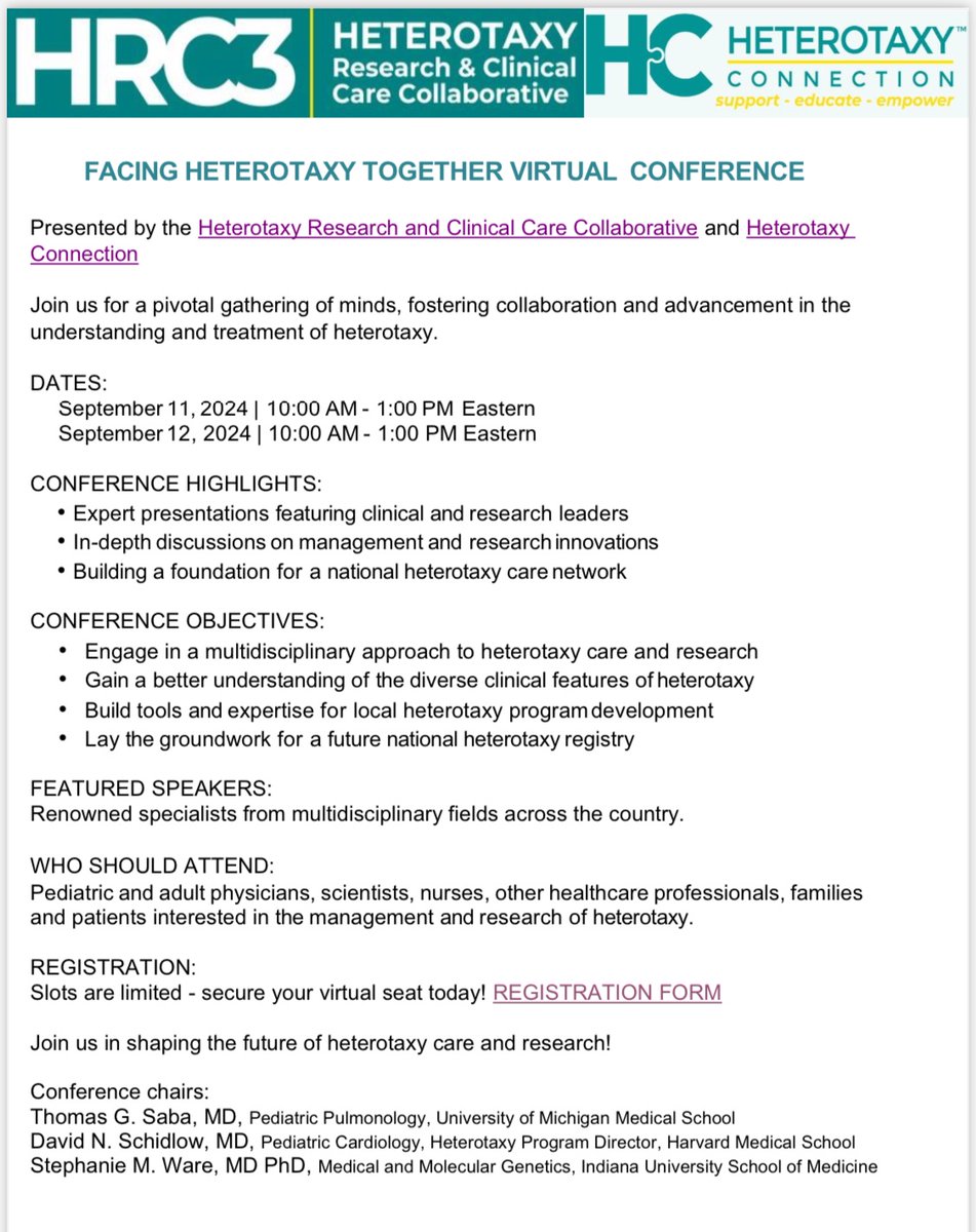 hrc3.org/scientific-con…

Interested in #chd and more specifically #heterotaxy? Check out this virtual conference (9/11 and 9/12). Slots are limited so sign up today! <a href="/CHD_education/">Pediatric/congenital cardiology education</a> <a href="/CCRCresearch/">Congenital Cardiac Research Collaborative</a>