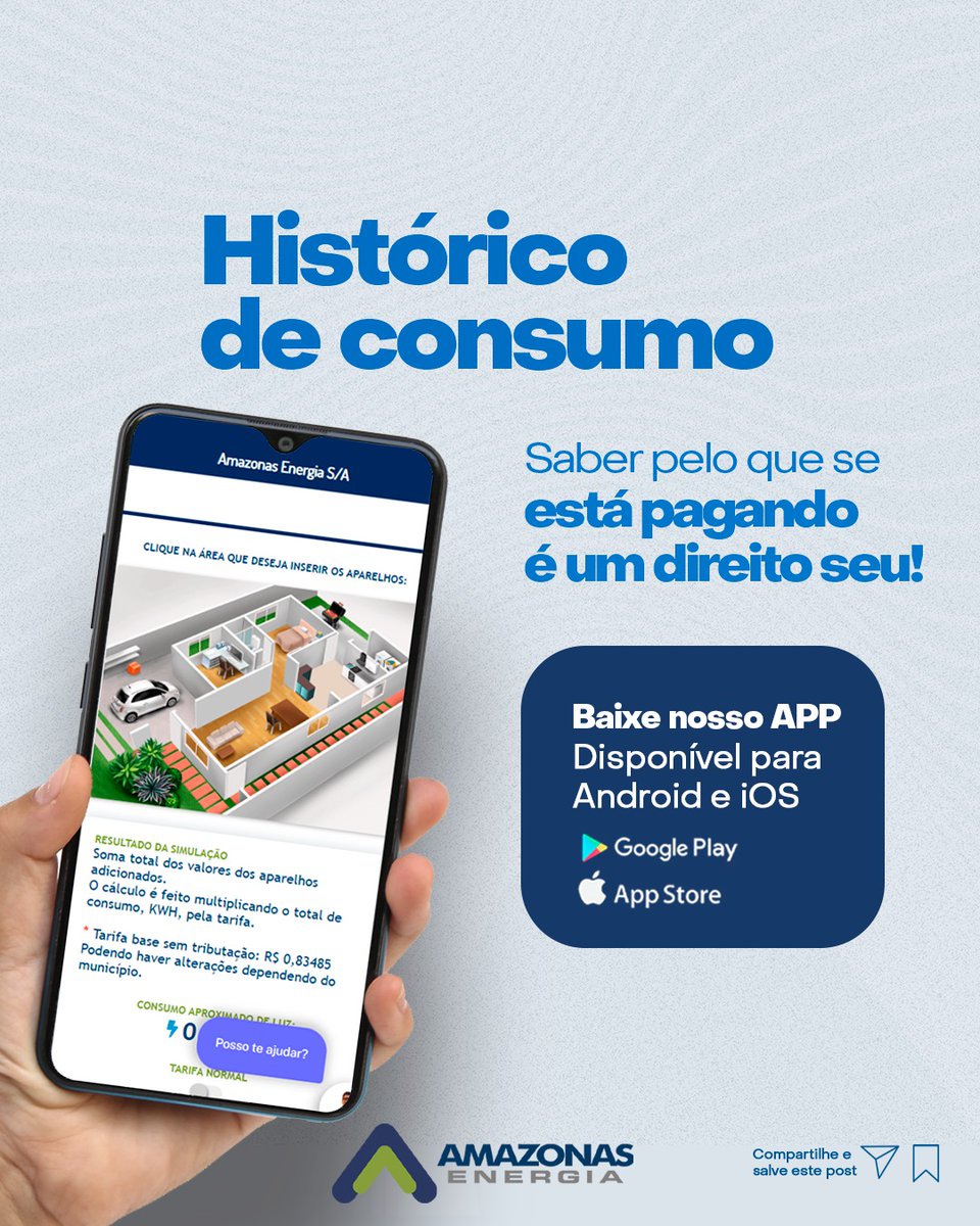 EnergiaAmazonas's tweet photo. 🔌 Confira seu histórico de consumo! 🔌
✅ Histórico na sua fatura, disponível a partir do 3º mês.
✅ Acesse também pela nossa Agência Virtual (link na bio).
⚡ Curtiu? Compartilhe e salve para ler depois!
#AmazonasEnergia24Horas #Amazonas #AM https://t.co/W0hPUJ98MB