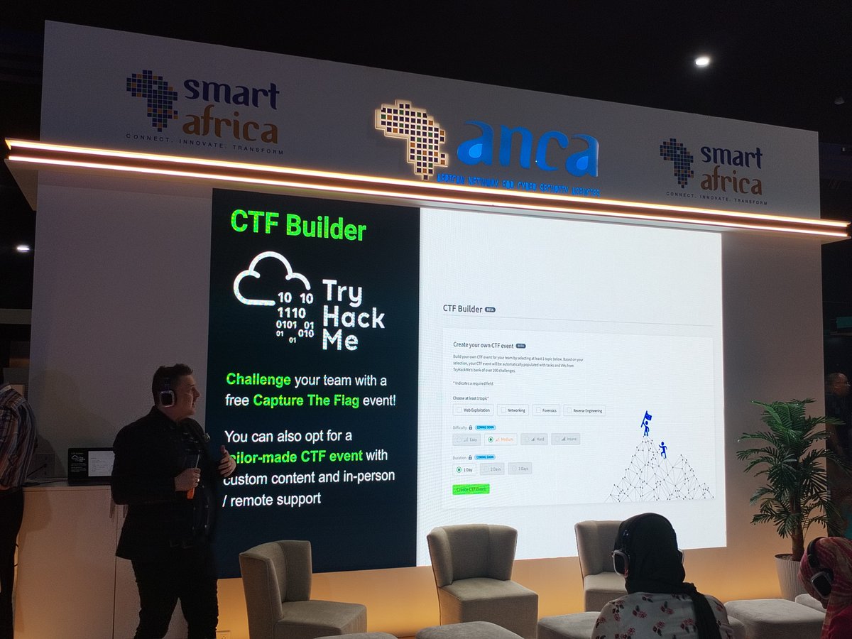 tryhackme's tweet photo. Last week, TryHackMe flew out to @GITEXAfrica, the largest security conference in Africa, to conduct a CTF in partnership with @CompTIA for the DGSSI 🌍

The event saw participants from nations and organisations across Africa, who put their blue teaming skills to the test! 😎 https://t.co/K2zru1ZJoR