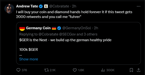 SpyboxApp's tweet photo. Spybox caught @cobratate (Andrew Tate) following @GermanyOnSol when it was at a $2.5 million market cap. 

Today Andrew Tate tweeted about it, and the coin skyrocketed to $13 million!  That's a 400% jump 👀🫡 https://t.co/SKbNsEwXEU