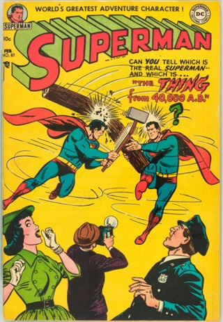 InTHORmation's tweet photo. ON THE SPINNER RACKS June/July 1963
For the first time a Marvel superhero encounters their duplicate on a cover.
Art by Kirby &amp; Ayers.
At DC it had already happened 3 times!

Al Plastino cover: September 1956
Curt Swan cover: January 1956
Wayne Boring cover: December 1953 https://t.co/XQt3cARDtq