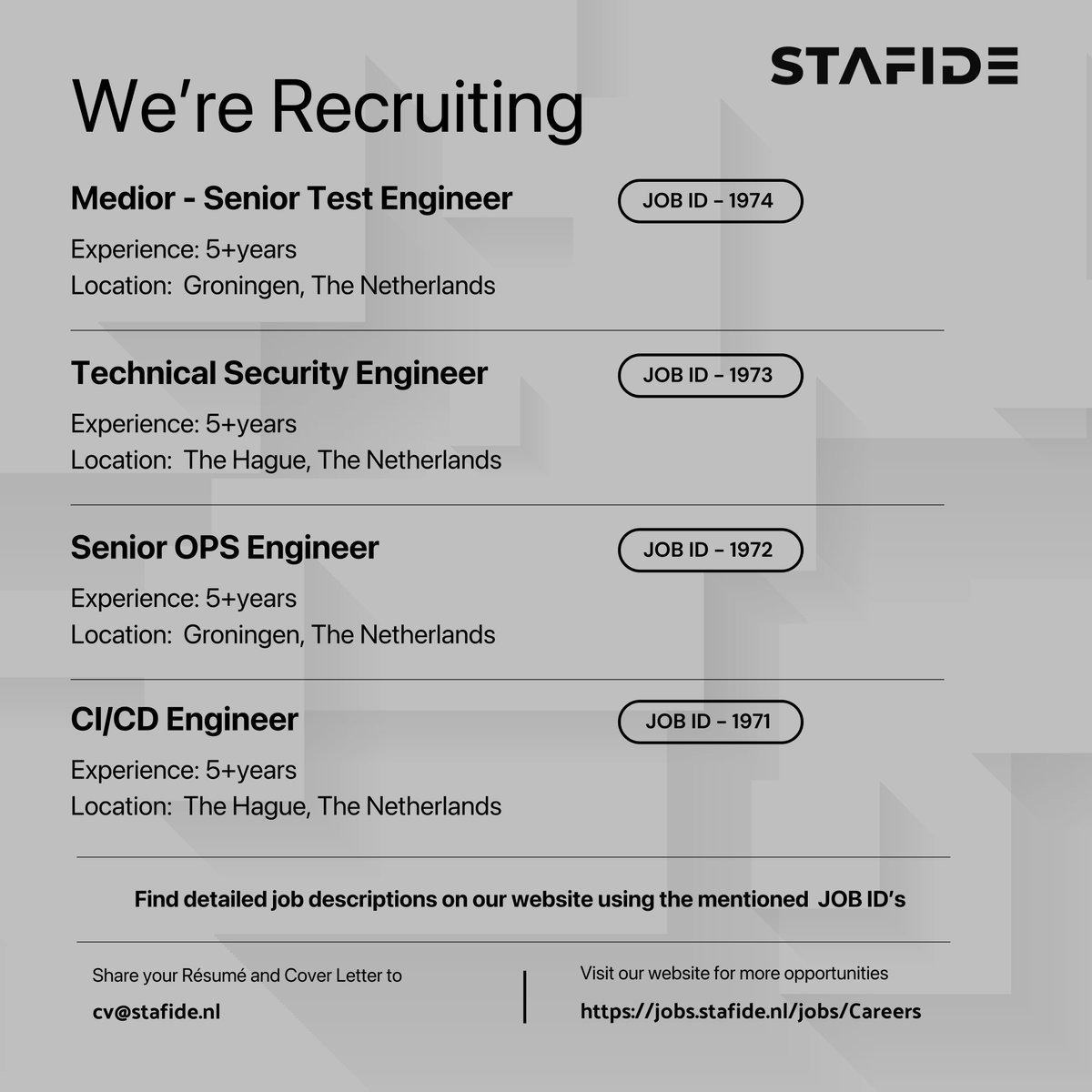 stafide's tweet photo. Unleash your potential and explore your next great opportunity with STAFIDE!
Subscribe to our WhatsApp channel for regular updates: https://t.co/eRft1yzpLL
#netherlandsjob #AmsterdamJobs #nljobs #recruitment #career
#CareerOpportunity #TechCareer #BuildTheFuture #STAFIDE https://t.co/JasQt3qa0u