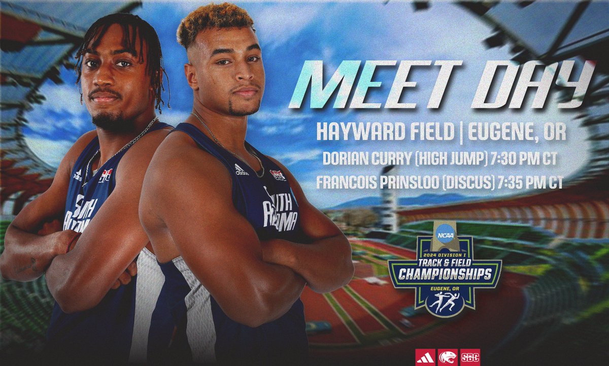 SouthAlabamaTXC's tweet photo. Dorian and Francois take center stage. 

🏁 NCAA Outdoor Championships- Day 3
📍 Hayward Field
⏰ High Jump: 7:30 p.m. CT | Discus: 7:35 p.m. CT
📊https://t.co/lnjbn1qB36 
📺https://t.co/PLrKDFL1Z0

#OurCity https://t.co/txn20fyL0E