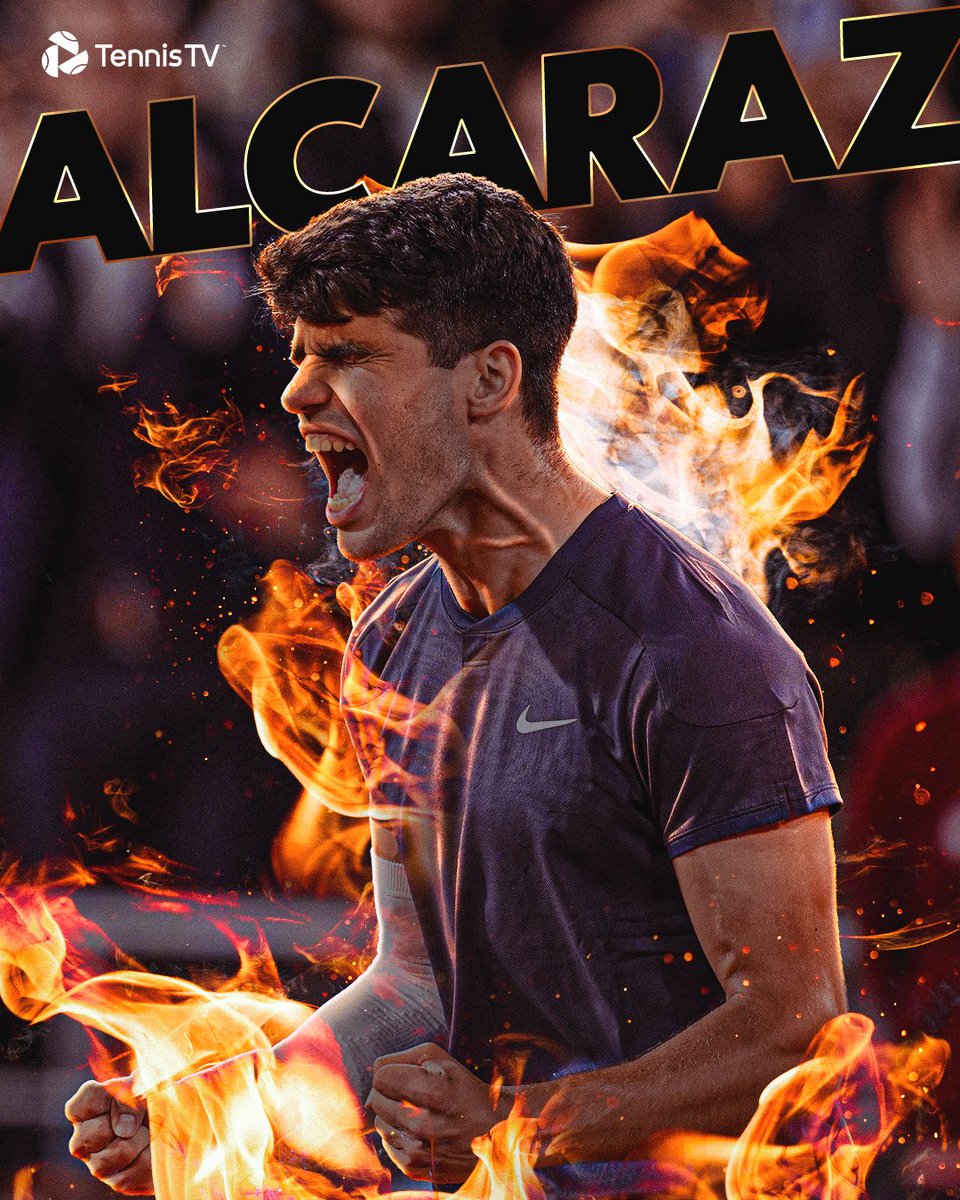 TennisTV's tweet photo. TOO HOT TO HANDLE 🔥

@carlosalcaraz takes out friend and rival Sinner 2-6 6-3 3-6 6-4 6-3 to reach his FIRST #RolandGarros final! https://t.co/CzhBuUdF1A