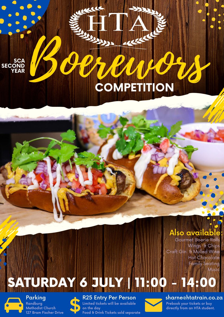 Judged by Top SA Chefs and Industry Professionals.
* Gourmet Boerie Rolls
* Wings and Chips
* Craft Gin and Mulled Wine
* Family fun and music
Date: 6 July 2024
Pre-book your tickets: Sharne@htatrain.co.za,
Entry: R25 per person.
Address: 128 Bram Fischer Dr. Ferndale, Randburg