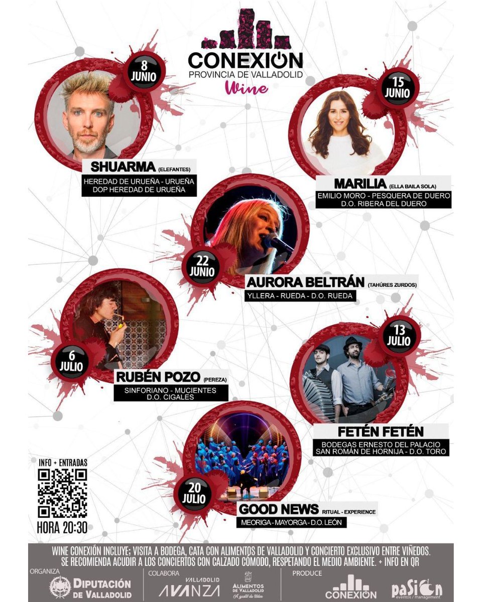 alimentosVALL's tweet photo. 🎶  ¡Este fin de semana da comienzo el Wine Conexión Provincia de Valladolid!

🎟️ Últimas entradas para los conciertos en las noches entre viñedos, ¡no te quedes sin ellas! Entradas en el link de nuestra bio ⬆️

🍷 Se reúnen 5 denominaciones de origen @DOCigales  @Ribera_delDuero  @DORueda  Denominacion de origen toro @VinodeToro, la de Heredad de Urueña (denominación protegida) @heredaduruena y DO León @CRDOLEON , que también está presente, con Bodegas Meóriga @bodegasmeoriga Con este proyecto se pretende acercar la cultura vitivinícola a las personas que acudan a estos eventos, no solo la vendimia y el consumo del vino, sino también el proceso de elaboración y la distinción de cada denominación de origen.

🙌🏼 En cada acto se ofrecerán a degustar dos vinos de cada bodega, visitar las instalaciones y una degustación de productos adheridos a nuestra marca. Se pretende que la gente ame lo que conoce, como es la provincia de Valladolid.

HORARIOS:

🗓️ 8 de junio. Shuarma. Heredad de Urueña. 

🗓️ 15 de junio. Marilia. Emilio Moro. 

🗓️ 22 de junio. Aurora Beltrán. Yllera. @bodegasyllera 

🗓️ 29 de junio. Rubén Pozo. Sinforiano. @BSinforiano 

🗓️ 13 de julio. Fetén Fetén. Ernesto del Palacio. 

🗓️ 20 de julio. Good News. Meoriga. 

🎶🍇 Buena música entre viñedos en las noches de verano.

#conexionvalladolid #vino #viñedos #musica #conciertos #provinciadevalladolid #diputaciondevalladolid #alimentosdevalladolid