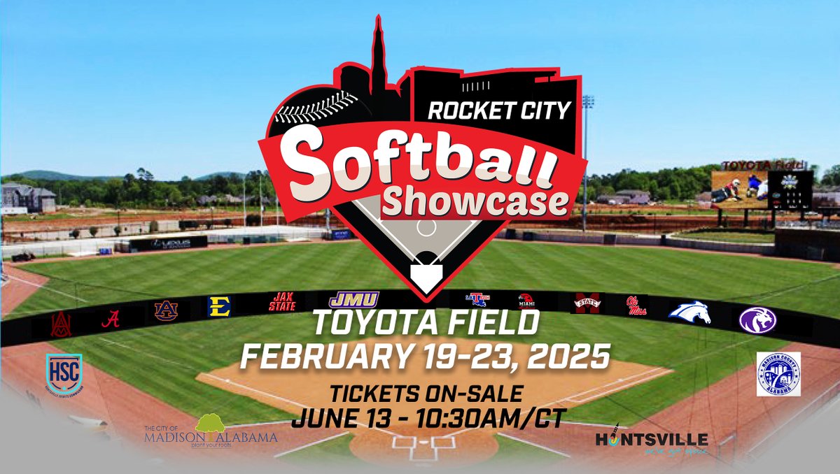 NCAA SOFTBALL IS COMING TO TOYOTA FIELD IN 2025! 🥎

From February 19-23, the home of the Trash Pandas will host the Rocket City Softball Showcase, which includes <a href="/AlabamaSB/">Alabama Softball</a>, <a href="/AuburnSoftball/">Auburn Softball</a>, <a href="/HailStateSB/">Mississippi State Softball</a>, and <a href="/OleMissSoftball/">Ole Miss Softball</a>! 🚀

ALL DETAILS: bit.ly/RCSS25