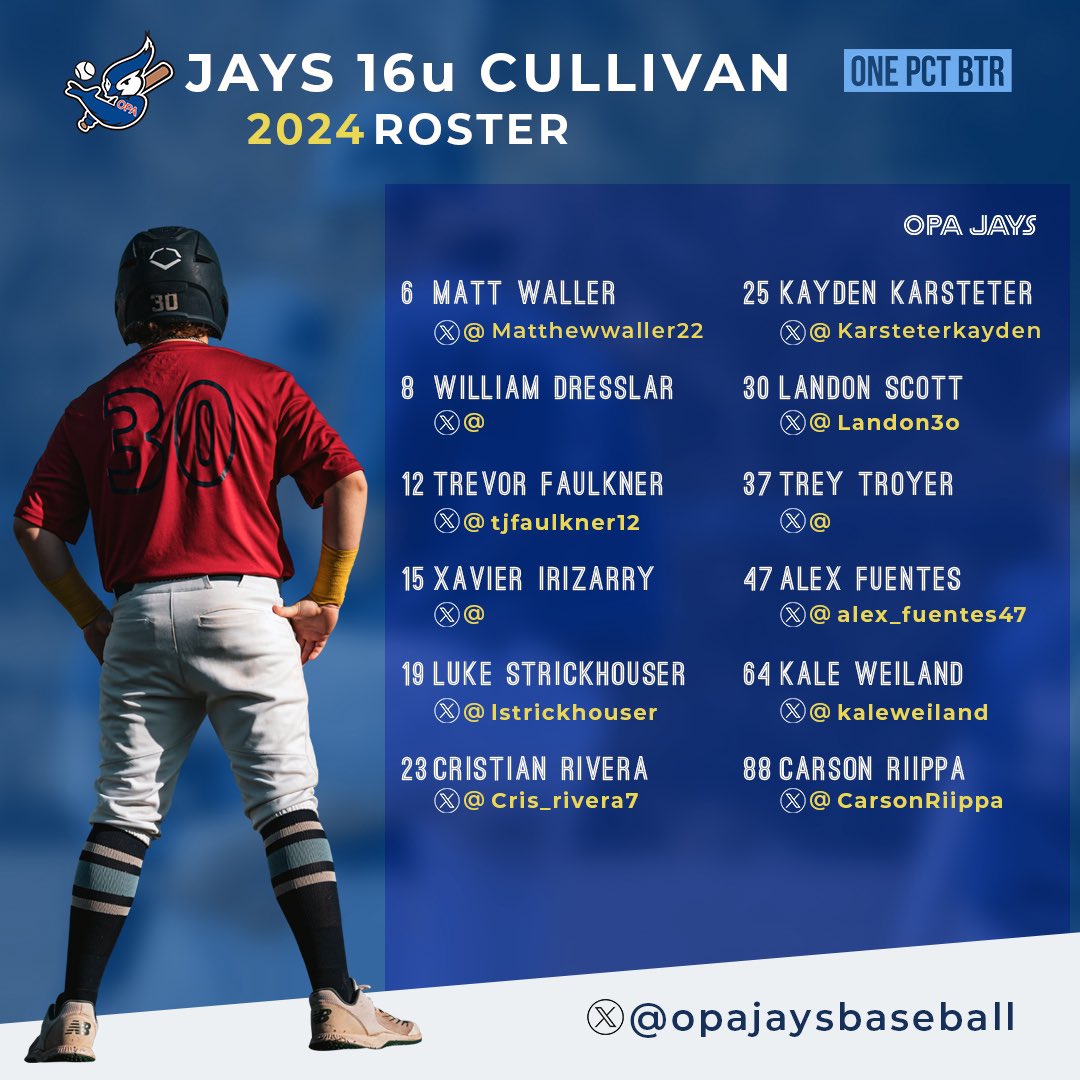 Introducing our JAYS Cullivan 16u 2024 Roster

Great Day to be a JAY 🐦

#opajays
#jaysbaseball
#onepercentacademy