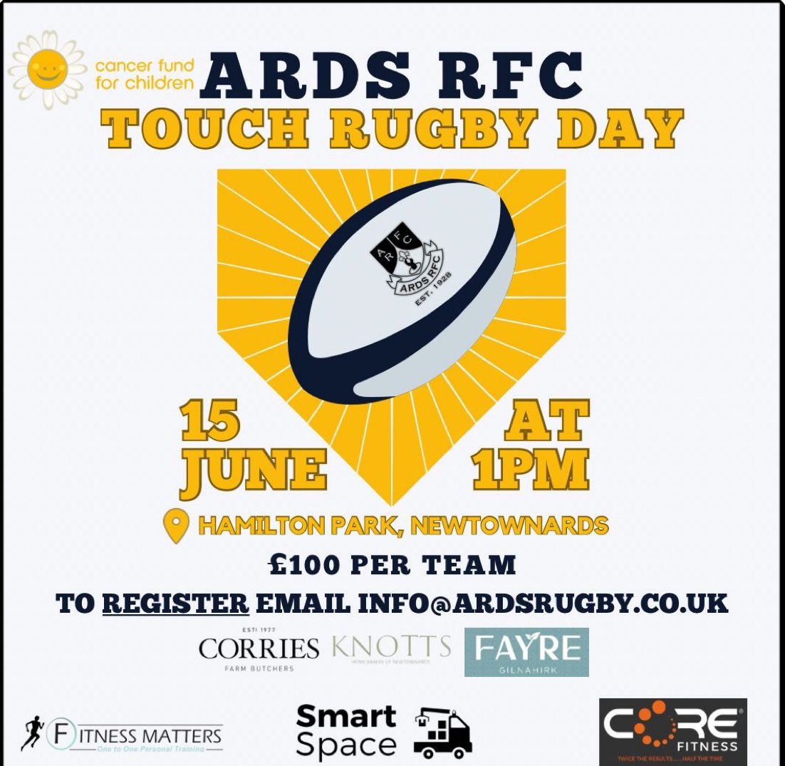 <a href="/BrBarbarians/">BR Barbarians</a> will be attending the touch rugby family funday on the 15th June <a href="/ArdsRugbyClub/">Ards Rugby Club</a> The charity this year is one very close to home .  <a href="/CancerFundChild/">Cancer Fund for Children</a> please do come along, say hello , support &amp; donate what you can 🙏🏼