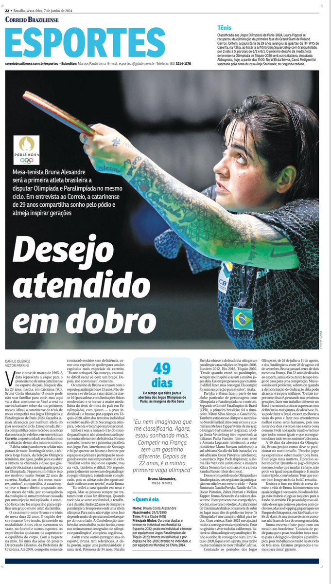 A história de Bruna Alexandre, a primeira brasileira a participar dos Jogos Olímpicos e Paralímpicos do mesmo ciclo. Entrevista nas edições impressa e on-line do <a href="/correio/">Correio Braziliense</a>, com a participação do amigo <a href="/DaaniloQueiroz/">Danilo Queiroz</a>. Boa leitura!

correiobraziliense.com.br/esportes/2024/…