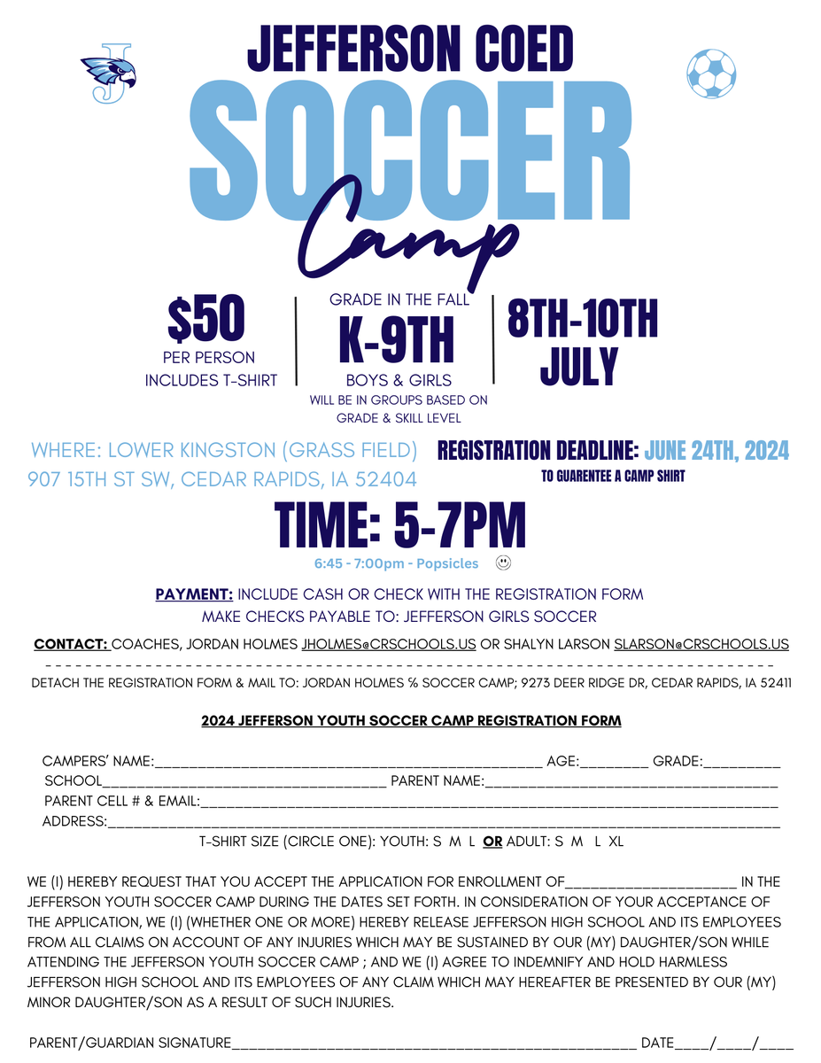 ATTENTION FUTURE J-HAWKS! Sign-up for our Coed Youth Soccer Camp this summer. Spend 3 days learning/improving your skills and playing with current players and coaches.