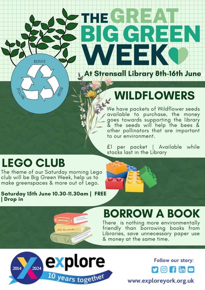 StrensallLib's tweet photo. It is The Great Big Green Week from the 8th-16th of June, here are a few things you can do at the Library to do your bit to protect nature & the environment.
#strensall #strensalllibrary #explorelibraries #TheBigGreenWeek #TheBigGreenWeek2024 https://t.co/XExFENlOga