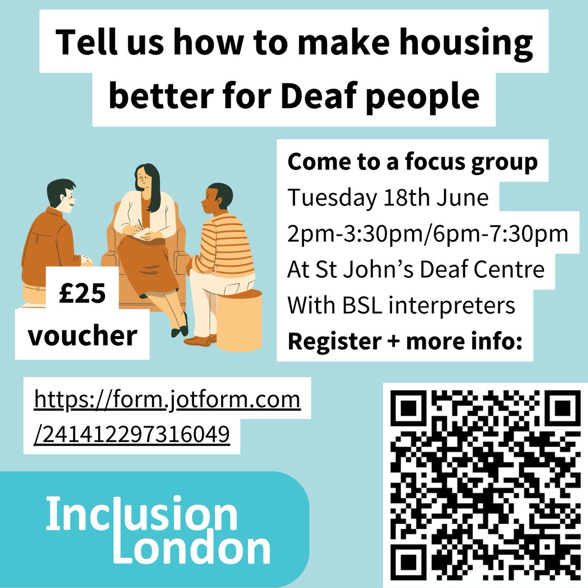 InclusionLondon's tweet photo. How could housing be better for Deaf people? What is your experience of housing as a Deaf Londoner?
We want to hear from you.
We are holding two focus groups at St John’s Deaf Community Centre, Finsbury Park
18th June, 2pm - 3:30pm OR 6pm - 7:30pm
Sign up: https://t.co/Nu9ec4ihEV https://t.co/mkv7hj9gKw