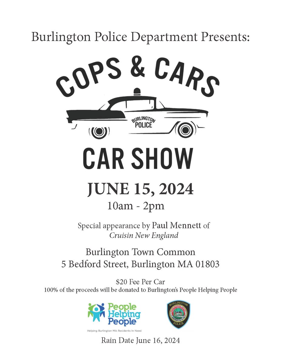 burlingtonpd's tweet photo. The Cops &amp; Cars event returns this year on June 15th from 10:00 AM to 2:00 PM!

Located on the Town Common.

#BurlingtonMA https://t.co/MVtuFyv0f8