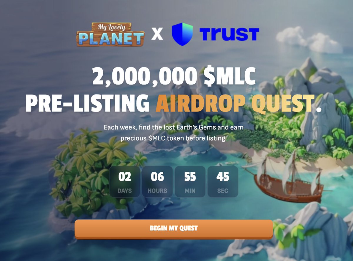 My Lovely Planet (@mylovelyplanet1) on Twitter photo Airdrop Quest #2
2,000,000 $MLC 🪂🤯
To all those running behind: don't miss out on the ongoing quests!
JOIN NOW 👉 short.trustwallet.com/MyLovelyPlanet
We're thrilled to have partnered with <a href="/TrustWallet/">Trust Wallet</a>, a leader in the web3 space!
Established in 2017:
💥 Over 100 million users
💥 Airdrop Quest #2
2,000,000 $MLC 🪂🤯
To all those running behind: don't miss out on the ongoing quests!
JOIN NOW 👉 short.trustwallet.com/MyLovelyPlanet
We're thrilled to have partnered with <a href="/TrustWallet/">Trust Wallet</a>, a leader in the web3 space!
Established in 2017:
💥 Over 100 million users
💥