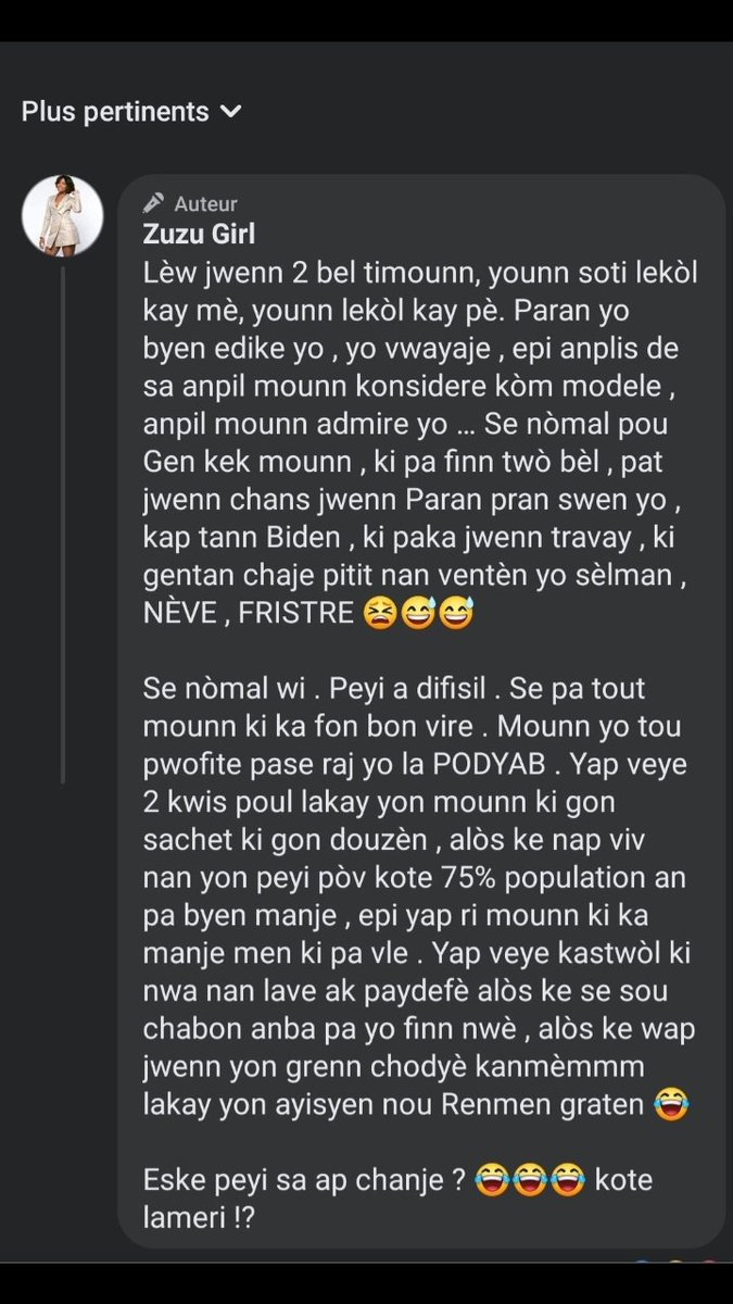 Mykend2's tweet image. M ap retni a atansyon nou,#zuzugirl pat fè yon pòs,depreferans se yon kòmantè anba pòs yon moun,li sanble efasel .
2: Se pa etonan,si,an efè,pozisyon sa se reflè konpreyansyon #zuzugirl de rès sosyete a,se evidan,tout timoun kay #Pè ak kay #Mè trè #outrecuidant et #condescendant.