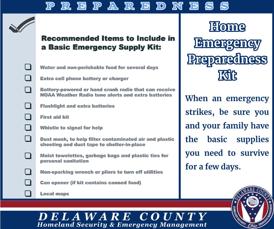 DelCoEMA's tweet photo. This weekend is a great time to work on that home emergency preparedness kit! #ClickThePic for some suggested items to include. You can find more about preparedness kits at: https://t.co/jdcP0W5bNL Have a great weekend, Delaware County! https://t.co/e7CdscIlbF