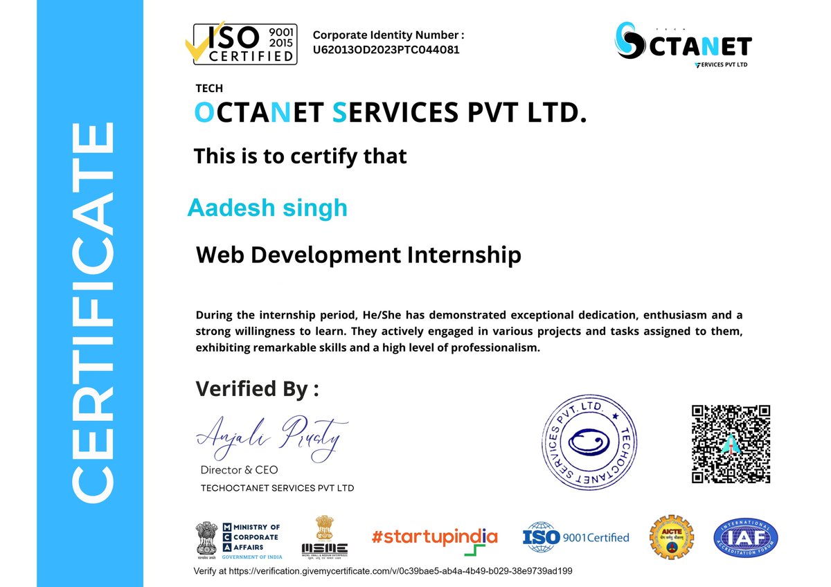 code_lerner's tweet image. I have successfully completed a web development internship at Octanet Services Pvt Ltd. During this internship, I had the opportunity to work on real-time projects involving HTML, CSS, JavaScript, and ReactJS.
OctaNet Services Pvt Ltd.