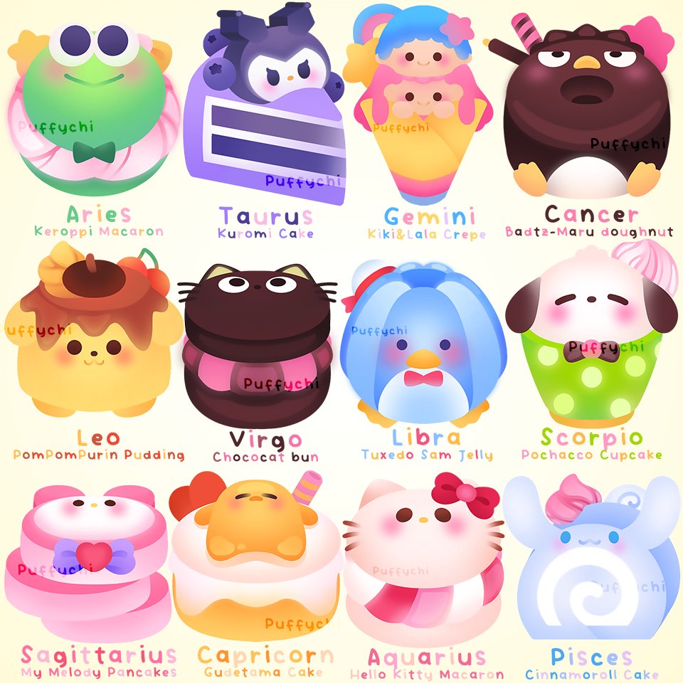 puffychii's tweet photo. Which Sanrio sweet are you based on your zodiac sign? 🍦🍮 https://t.co/l8pe0A2FTx