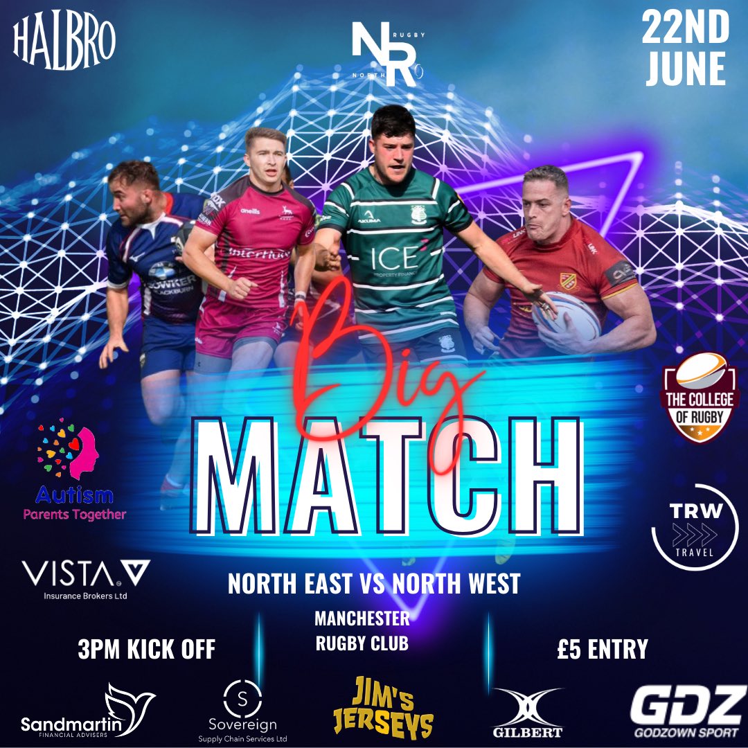 💥Please Share💥

The Big Match‼️
North East 🆚 North West

Who will lift that trophy 🏆 

📅 22nd June
🏡 <a href="/ManchesterRugby/">ManchesterRugbyClub</a> 
⏰ 15:00
🎟️ £5 on the gate

The only game of its kind‼️

#NorthRugby