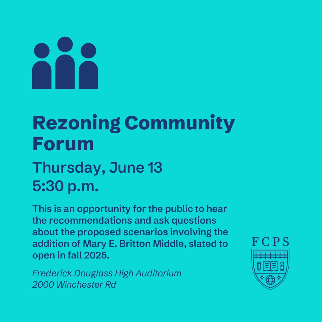 FCPSKY's tweet photo. 🎒 Our district’s school rezoning team will host a community forum at 5:30 p.m. Thursday, June 13, in the auditorium at Frederick Douglass High School.

🏫 Learn more at https://t.co/rTyJOBoBJH https://t.co/j2q59x6eMO