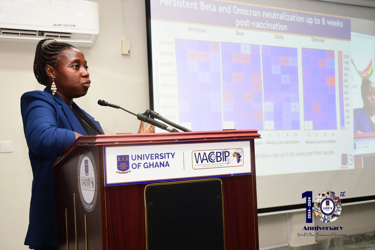 WACCBIP_UG's tweet photo. Dr @AniwehYaw presents WACCBIP's efforts in vaccine target discovery and research at the Malaria Lab, followed by Dr. Irene Owusu's update on the expression and durability of multi-variant SARS-CoV-2 neutralizing antibodies post-vaccination. #VaccineResearch #WACCBIP #WACCBIPis10 https://t.co/yeHU1scH70