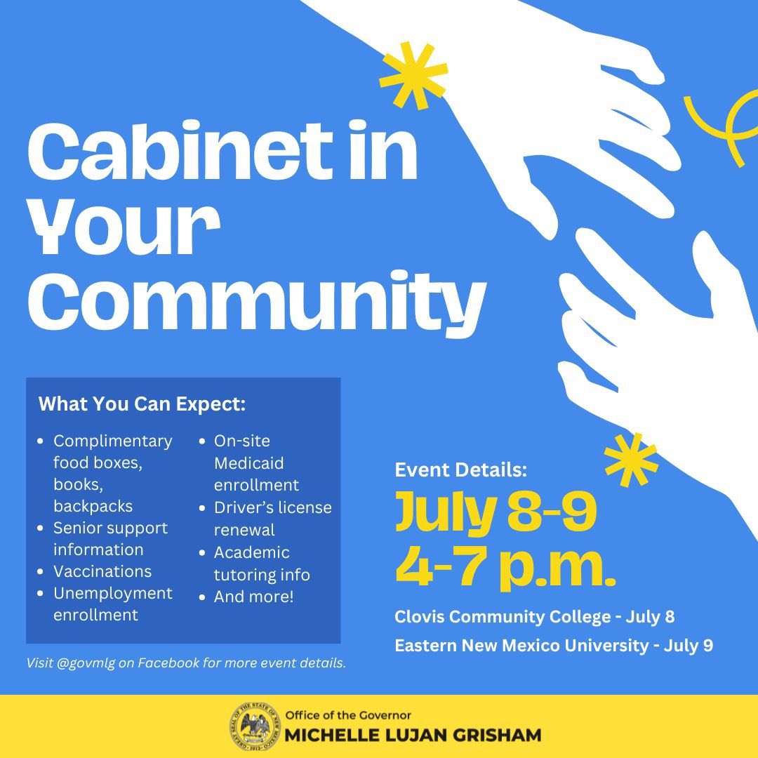 GovMLG's tweet photo. Clovis &amp; Portales residents, mark your calendars! New Mexico’s one-stop state resources event, Cabinet in Your Community, will be in town July 8-9.

Join us for our State Services Expo tailored to meet your family's needs.

#Clovis #Portales #NewMexico #CabinetinYourCommunity https://t.co/Z9kgyzykCE